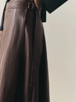 Nothing Ordinary Chocolate Brown Faux Leather Wrap Midi Kilt Skirt