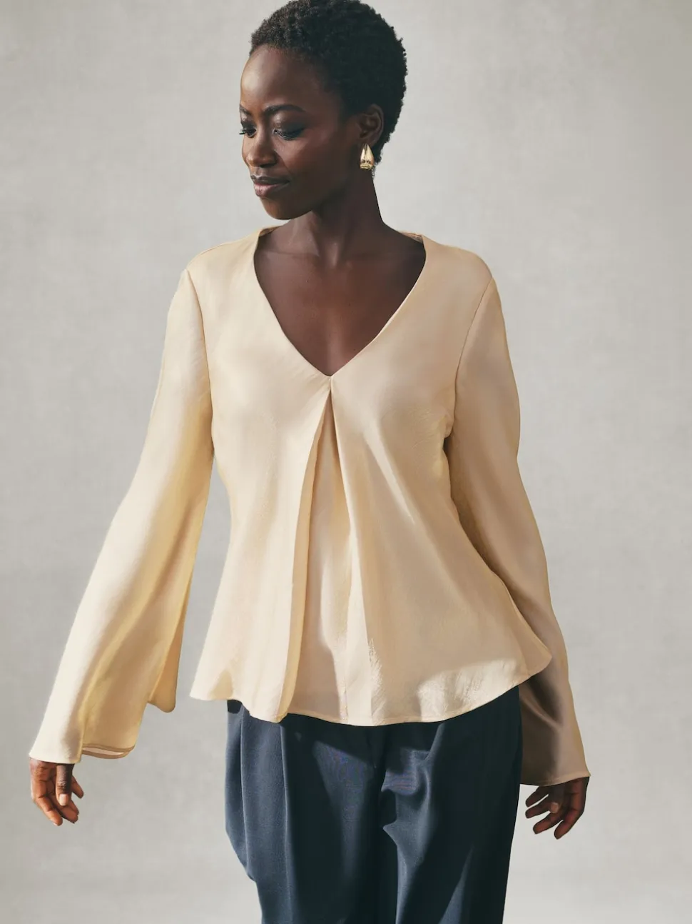 Nothing Ordinary Gold Satin Metallic Long Sleeve Blouse