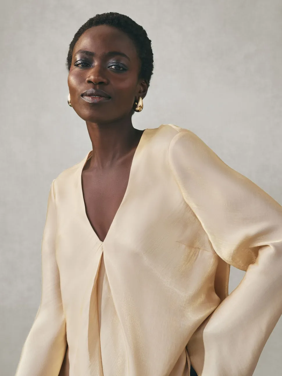 Nothing Ordinary Gold Satin Metallic Long Sleeve Blouse