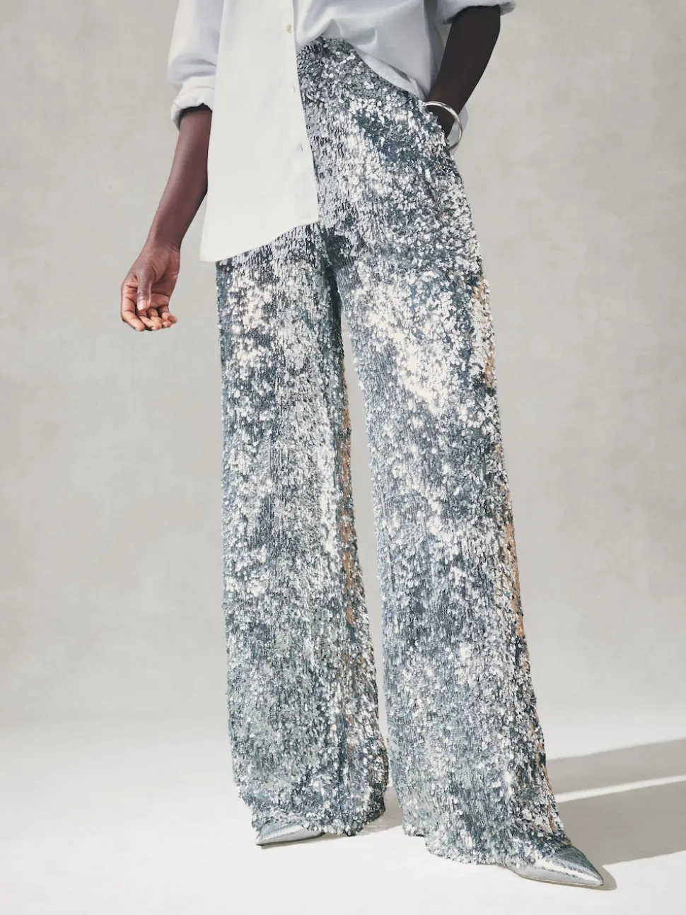 Nothing Ordinary Silver Sequin High Waist Wide Leg Trousers