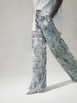 Nothing Ordinary Silver Sequin High Waist Wide Leg Trousers