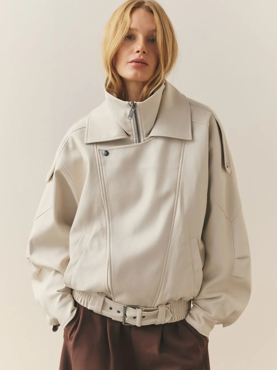 Nothing Ordinary Stone Faux Leather Funnel Collared Biker Jacket