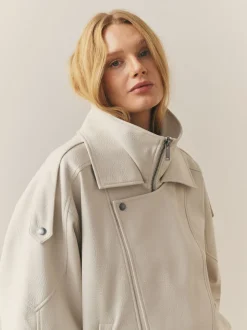 Nothing Ordinary Stone Faux Leather Funnel Collared Biker Jacket