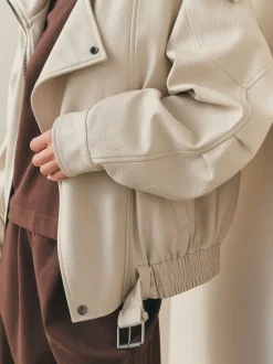 Nothing Ordinary Stone Faux Leather Funnel Collared Biker Jacket