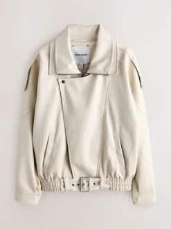 Nothing Ordinary Stone Faux Leather Funnel Collared Biker Jacket