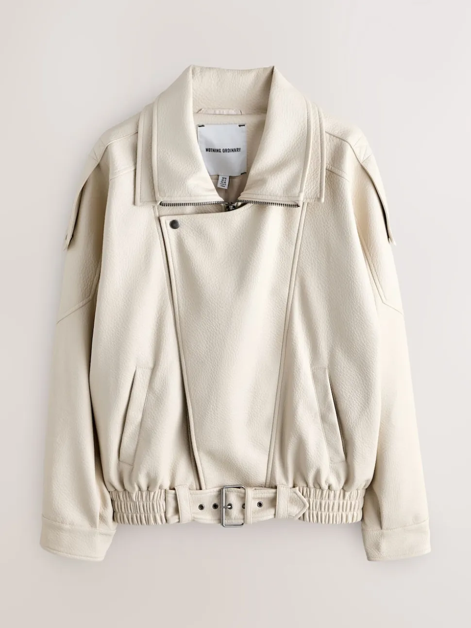 Nothing Ordinary Stone Faux Leather Funnel Collared Biker Jacket