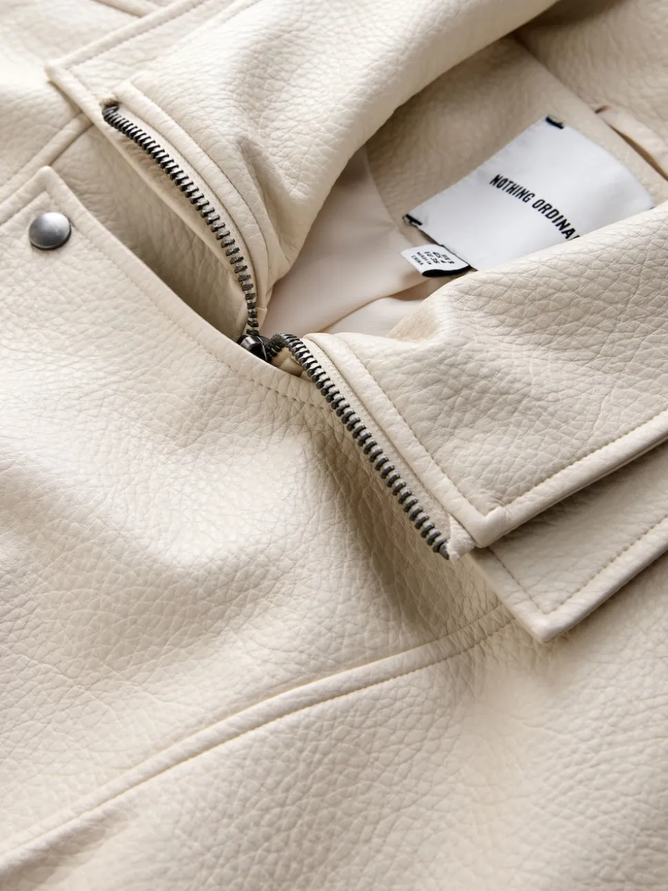 Nothing Ordinary Stone Faux Leather Funnel Collared Biker Jacket