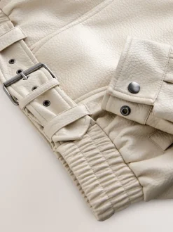 Nothing Ordinary Stone Faux Leather Funnel Collared Biker Jacket