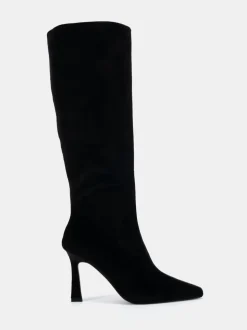 Novo Black Velvet Galaxy Point Toe Stiletto Stretch Knee Boots