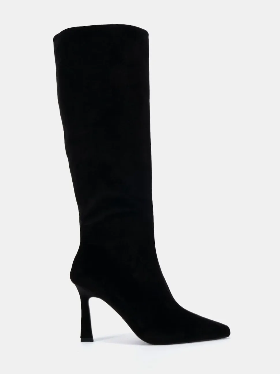 Novo Black Velvet Galaxy Point Toe Stiletto Stretch Knee Boots
