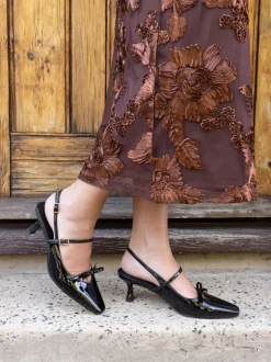 Novo Black Wide Fit Illuminate Mary Jane Bow Slingback Mid Heel Courts