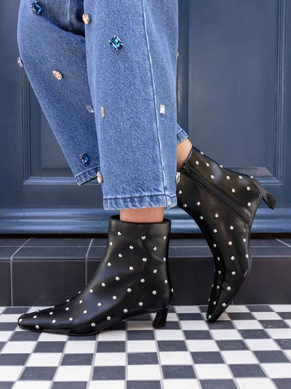 Novo Black Wide Fit Wide Fit Kiki Studded Low Heel Ankle Boots