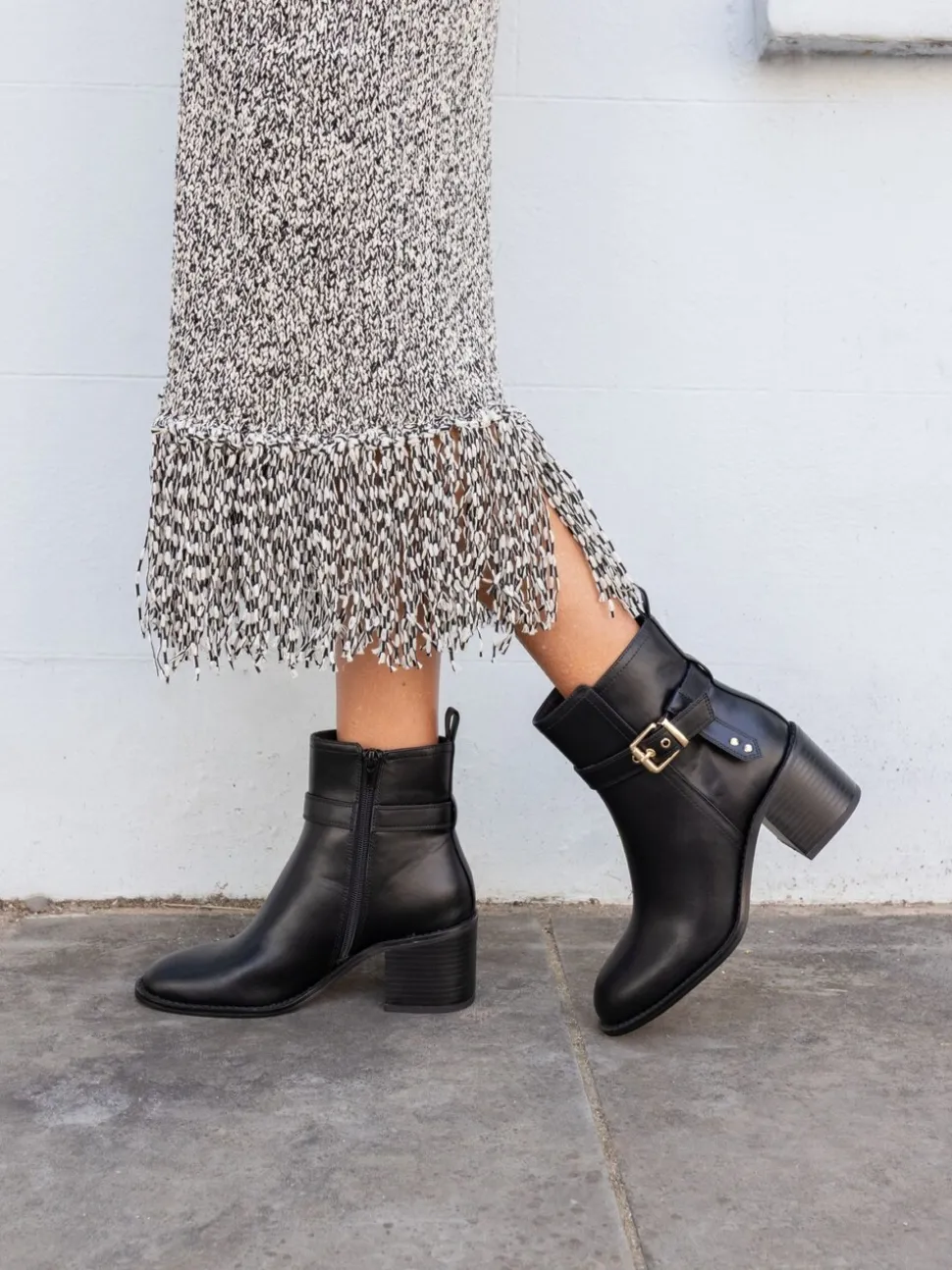 Novo Black Wide Fit Wide Fit Jasmine Round Toe Block Heel Buckle Detail Ankle Boots