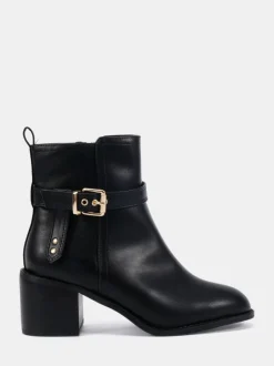 Novo Black Wide Fit Wide Fit Jasmine Round Toe Block Heel Buckle Detail Ankle Boots