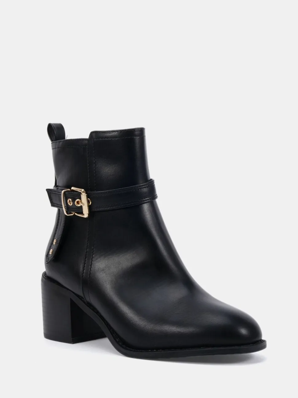 Novo Black Wide Fit Wide Fit Jasmine Round Toe Block Heel Buckle Detail Ankle Boots