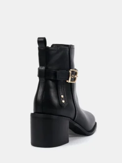 Novo Black Wide Fit Wide Fit Jasmine Round Toe Block Heel Buckle Detail Ankle Boots