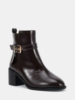 Novo Brown Wide Fit Wide Fit Jasmine Round Toe Block Heel Buckle Detail Ankle Boots