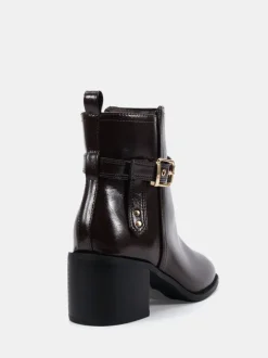 Novo Brown Wide Fit Wide Fit Jasmine Round Toe Block Heel Buckle Detail Ankle Boots