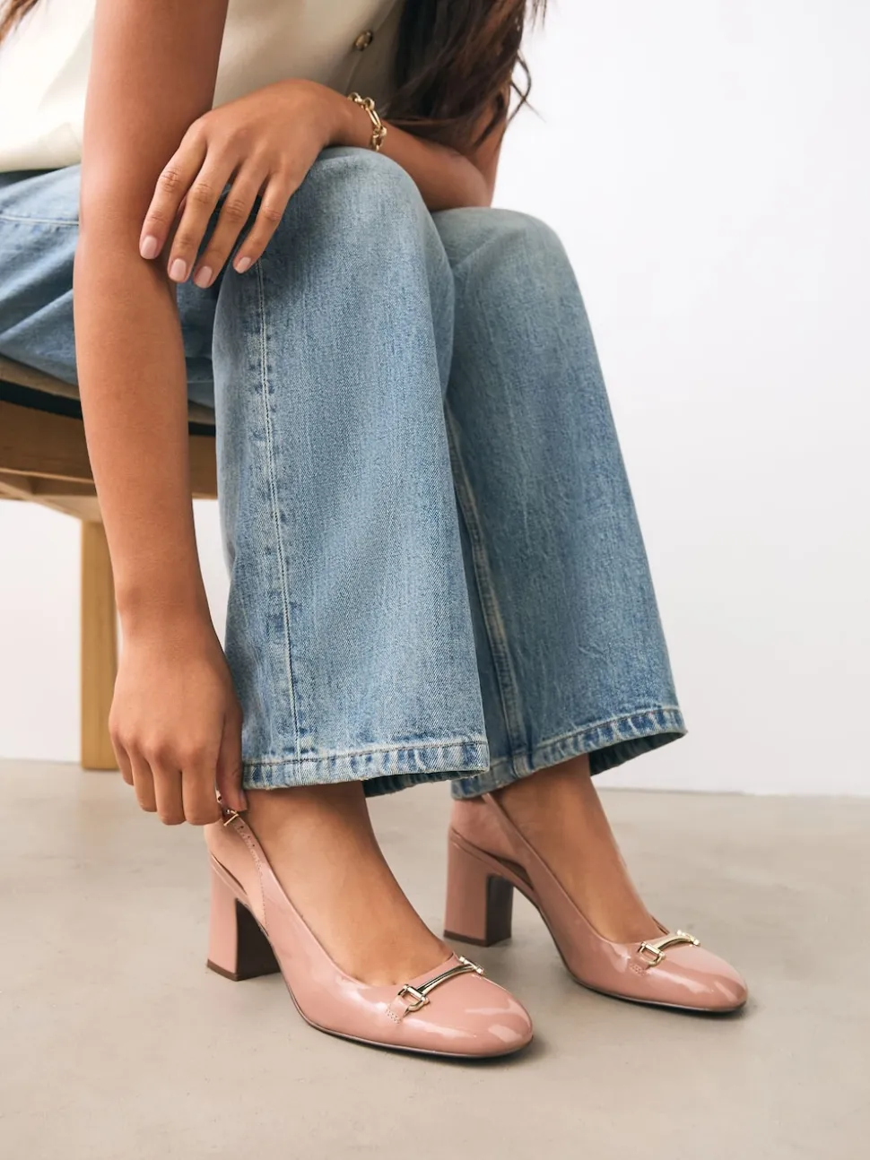 Nude Pink Extra Wide Fit Hardware Slingback Block Heels