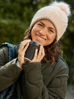 Oatmeal Pointelle Knit Pom Hat