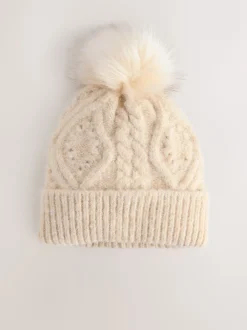 Oatmeal Pointelle Knit Pom Hat