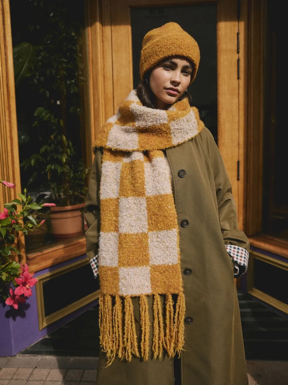 Ochre Yellow Checkerboard Boucle Knitted Heavweight Scarf