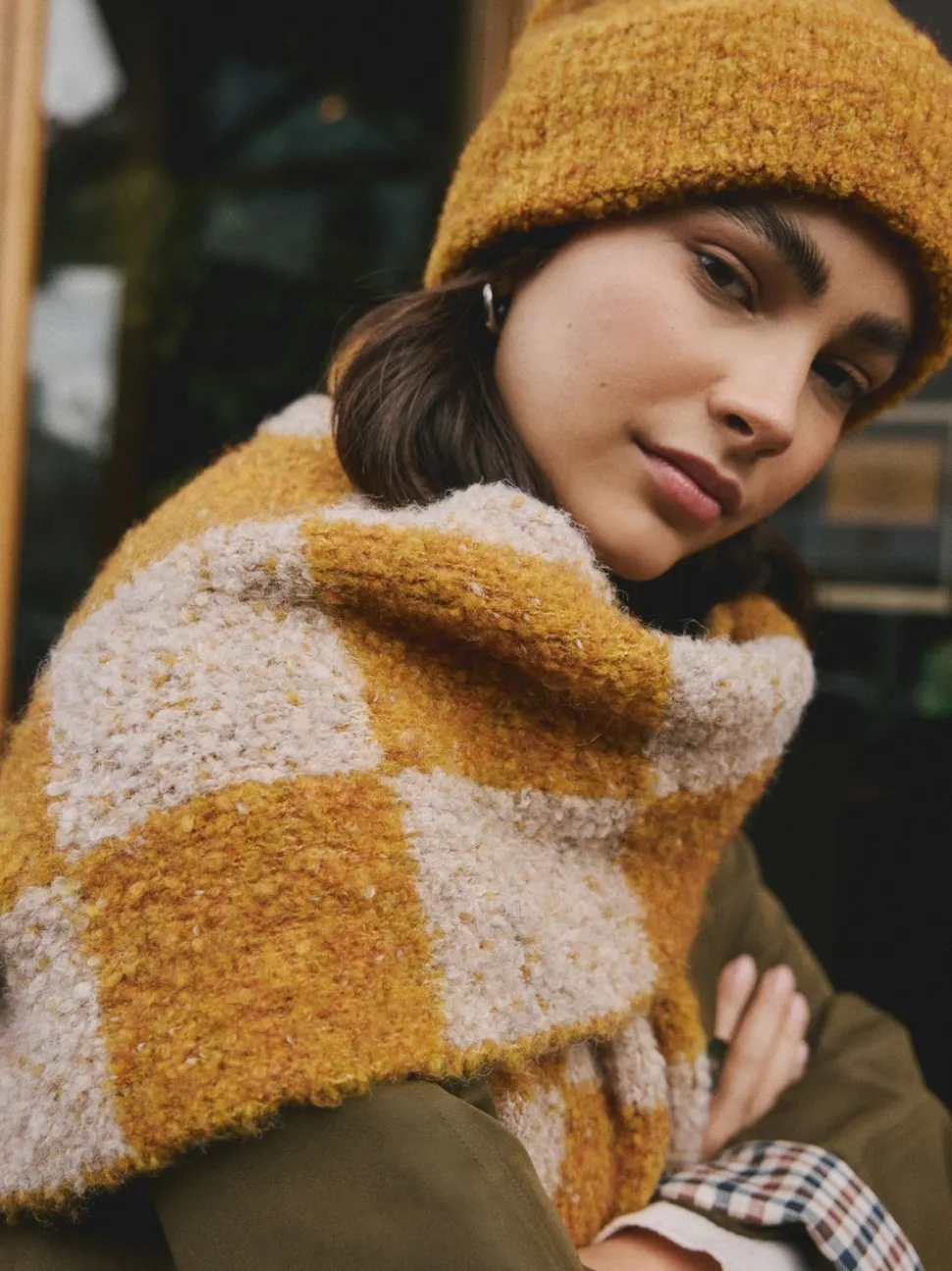 Ochre Yellow Checkerboard Boucle Knitted Heavweight Scarf