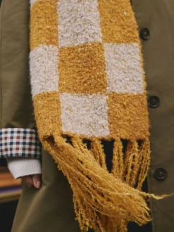 Ochre Yellow Checkerboard Boucle Knitted Heavweight Scarf