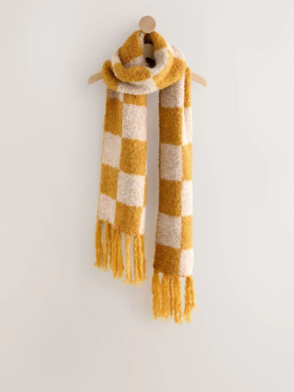Ochre Yellow Checkerboard Boucle Knitted Heavweight Scarf