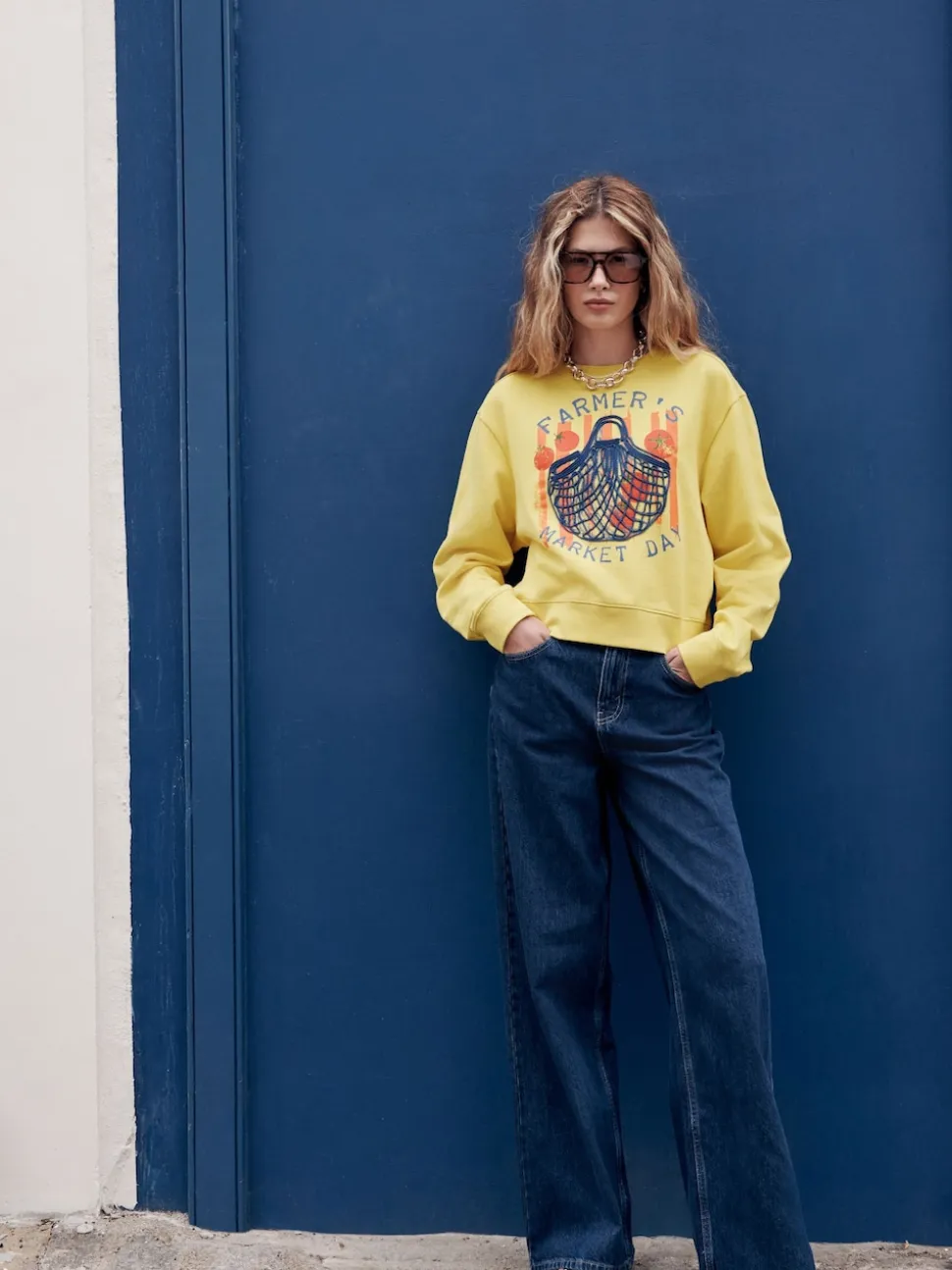 Ochre Yellow Graphic Farmers Market Crew Neck Sweatshirt