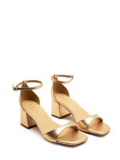Off The Hook Gold Knightsbridge Leather Block Heel Ankle Strap Sandals