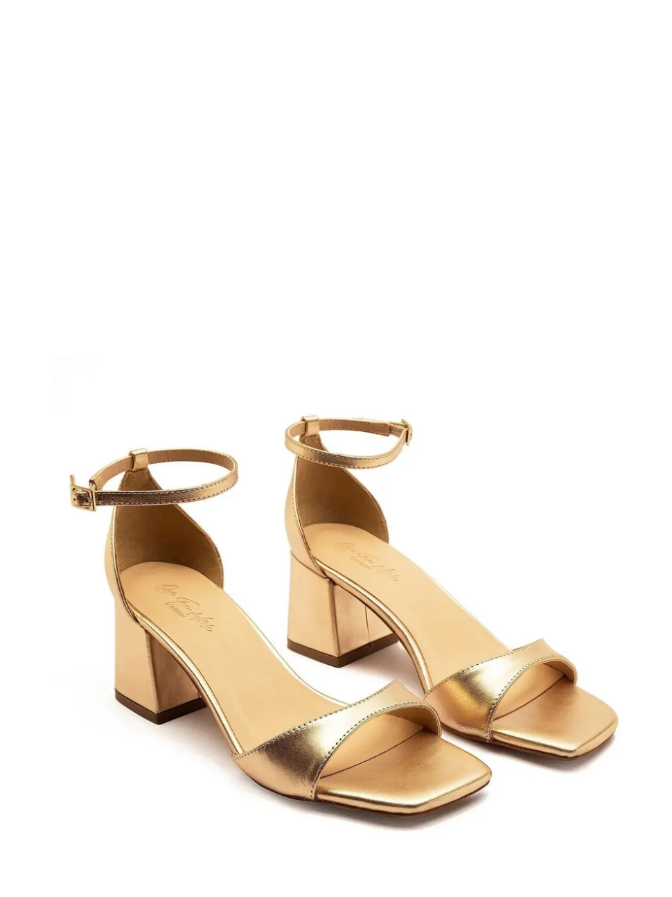 Off The Hook Gold Knightsbridge Leather Block Heel Ankle Strap Sandals