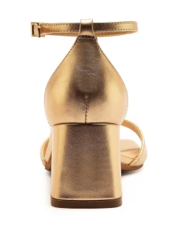 Off The Hook Gold Knightsbridge Leather Block Heel Ankle Strap Sandals