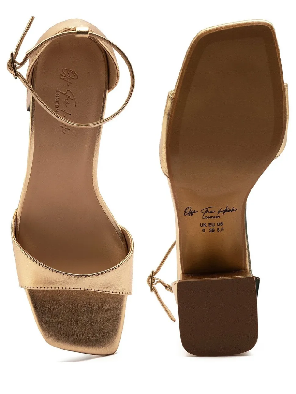 Off The Hook Gold Knightsbridge Leather Block Heel Ankle Strap Sandals