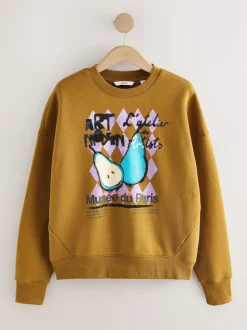 Olive Green Cotton Rich Fruit Art Graphic Longsleeve Crewneck Sweatshirt