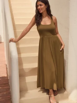 Olive Green Jersey Waisted Summer Dress