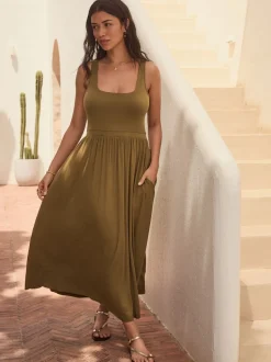 Olive Green Jersey Waisted Summer Dress