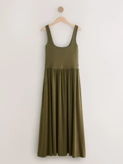Olive Green Jersey Waisted Summer Dress