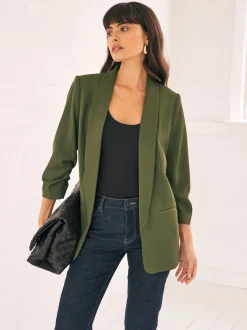 Olive Green Relaxed Ruched Sleeve Blazer