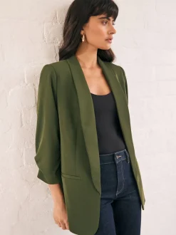 Olive Green Relaxed Ruched Sleeve Blazer