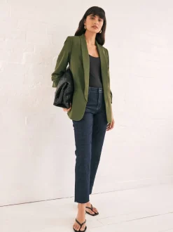 Olive Green Relaxed Ruched Sleeve Blazer
