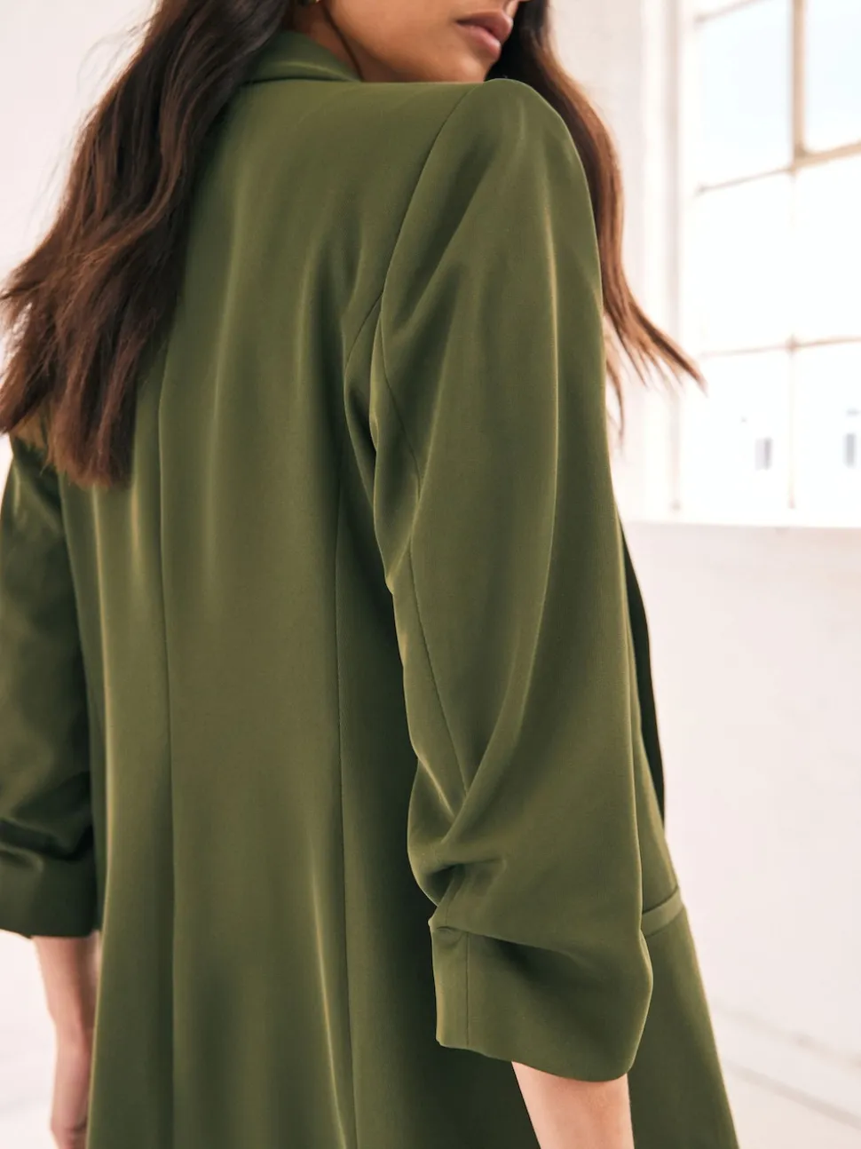 Olive Green Relaxed Ruched Sleeve Blazer