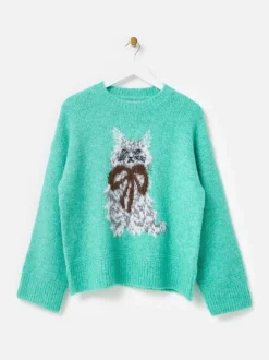 Oliver Bonas Green Cat Crew Neck Knitted Jumper