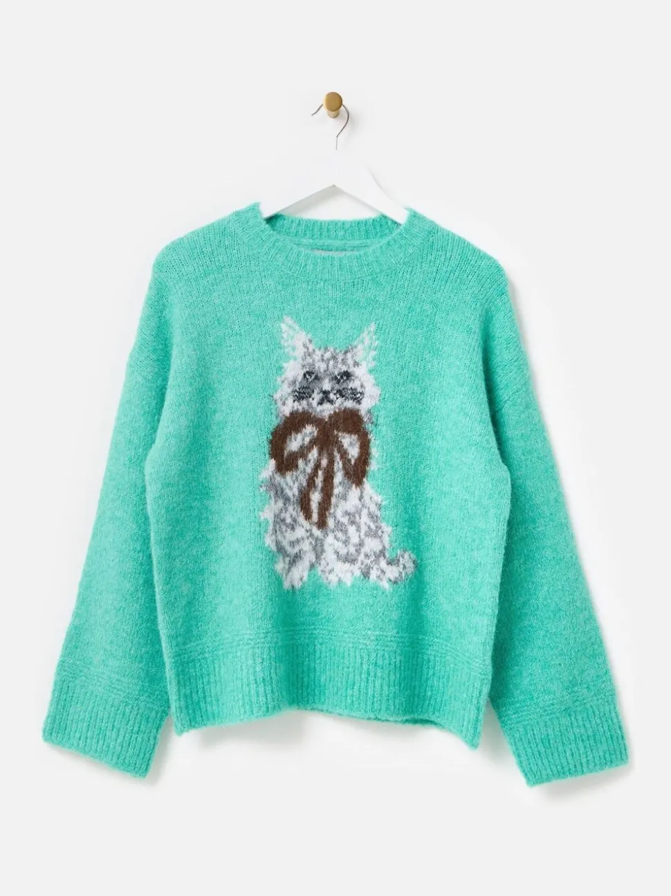 Oliver Bonas Green Cat Crew Neck Knitted Jumper