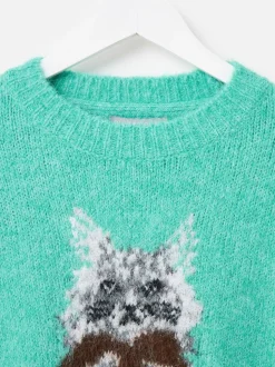 Oliver Bonas Green Cat Crew Neck Knitted Jumper