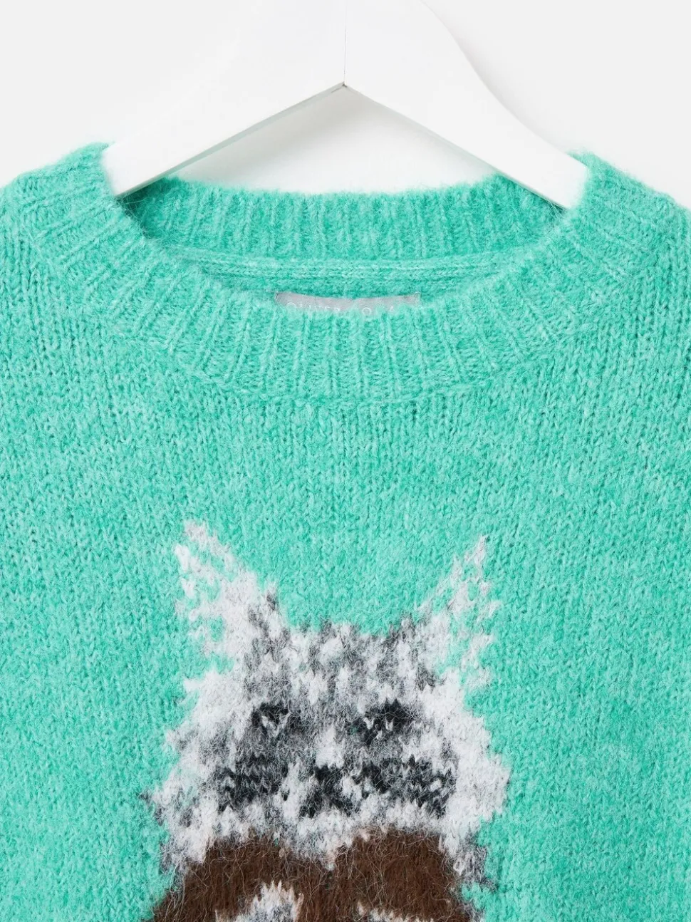 Oliver Bonas Green Cat Crew Neck Knitted Jumper