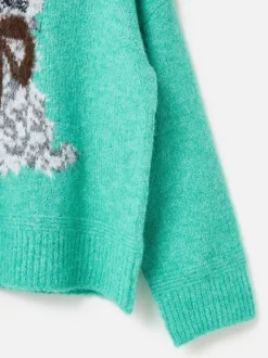 Oliver Bonas Green Cat Crew Neck Knitted Jumper