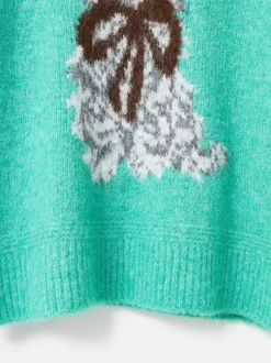 Oliver Bonas Green Cat Crew Neck Knitted Jumper
