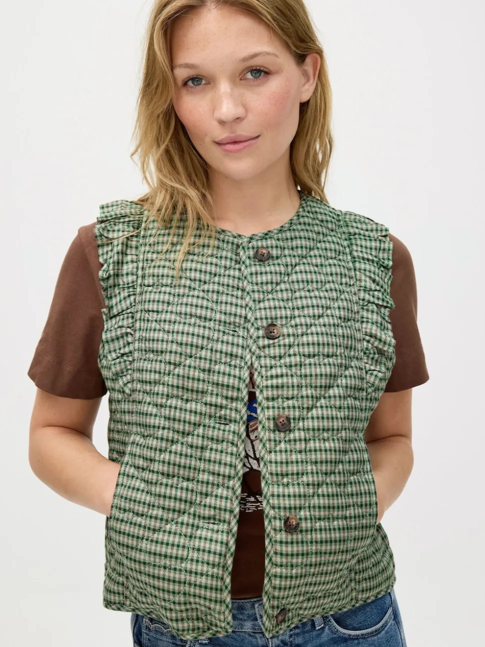 Oliver Bonas Green Checked Heart Quilted Gilet
