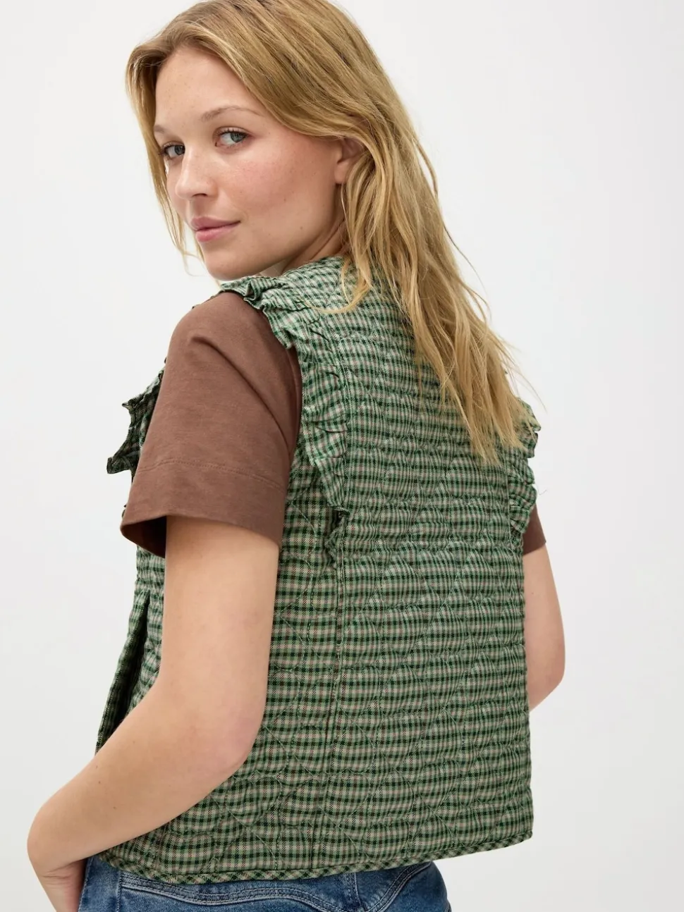 Oliver Bonas Green Checked Heart Quilted Gilet